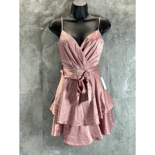 B. DARLIN Juniors' Rose Blush Satin V-Neck Faux-Wrap Tiered Mini Dress SZ 1/2