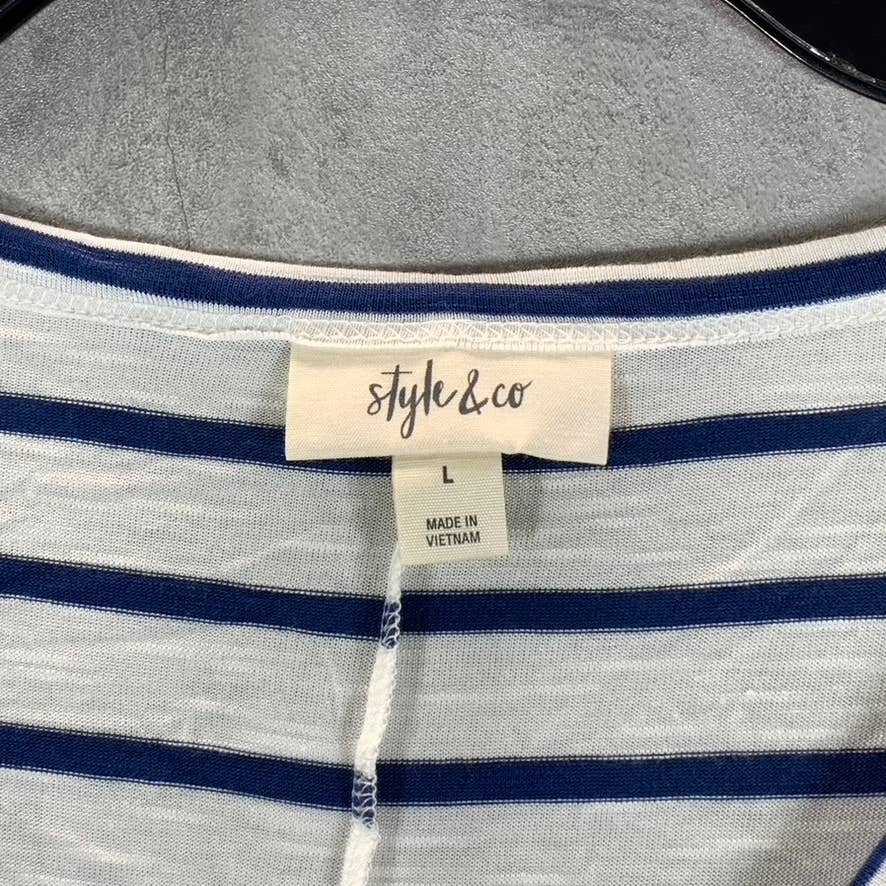 STYLE & CO Women's White-Blue Striped V-Neck Long Sleeve Top SZ L