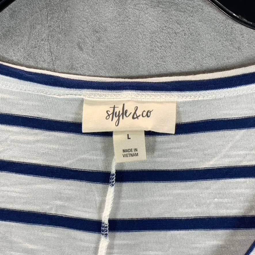 STYLE & CO Women's White-Blue Striped V-Neck Long Sleeve Top SZ L
