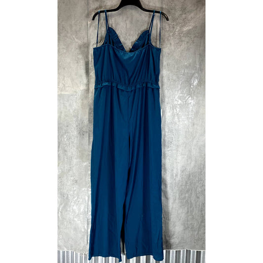 KINGSTON GREY Women's Blue Ruffle V-Neck Adjustable Strap Wide-Leg Jumpsuit