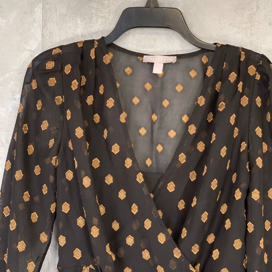 CHELSEA28 Black Gold Geo Dot Sheer Long Sleeve Wrap Top SZ S