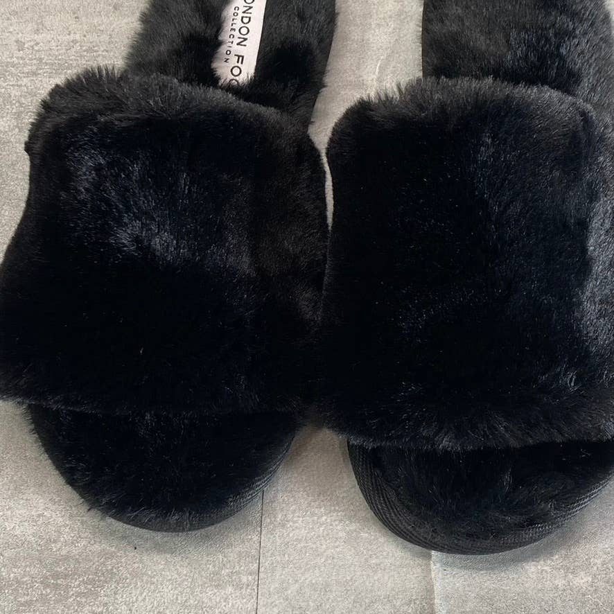 LONDON FOG Women's Black Faux-Fur Lilly Round-Toe Slide Flat Slippers SZ 8