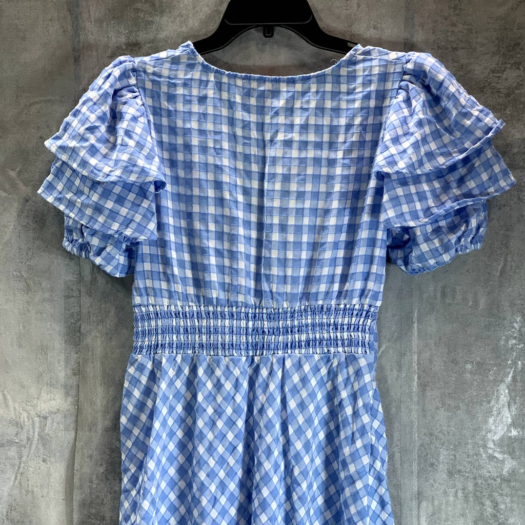 BETSEY JOHNSON Women's Placid Blue Gingham V-Neck Puff-Sleeve Snap Midi Shirt