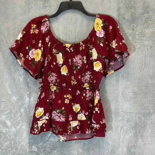 DEREK HEART Women's Biking Red Floral Smocked Peplum Top SZ M