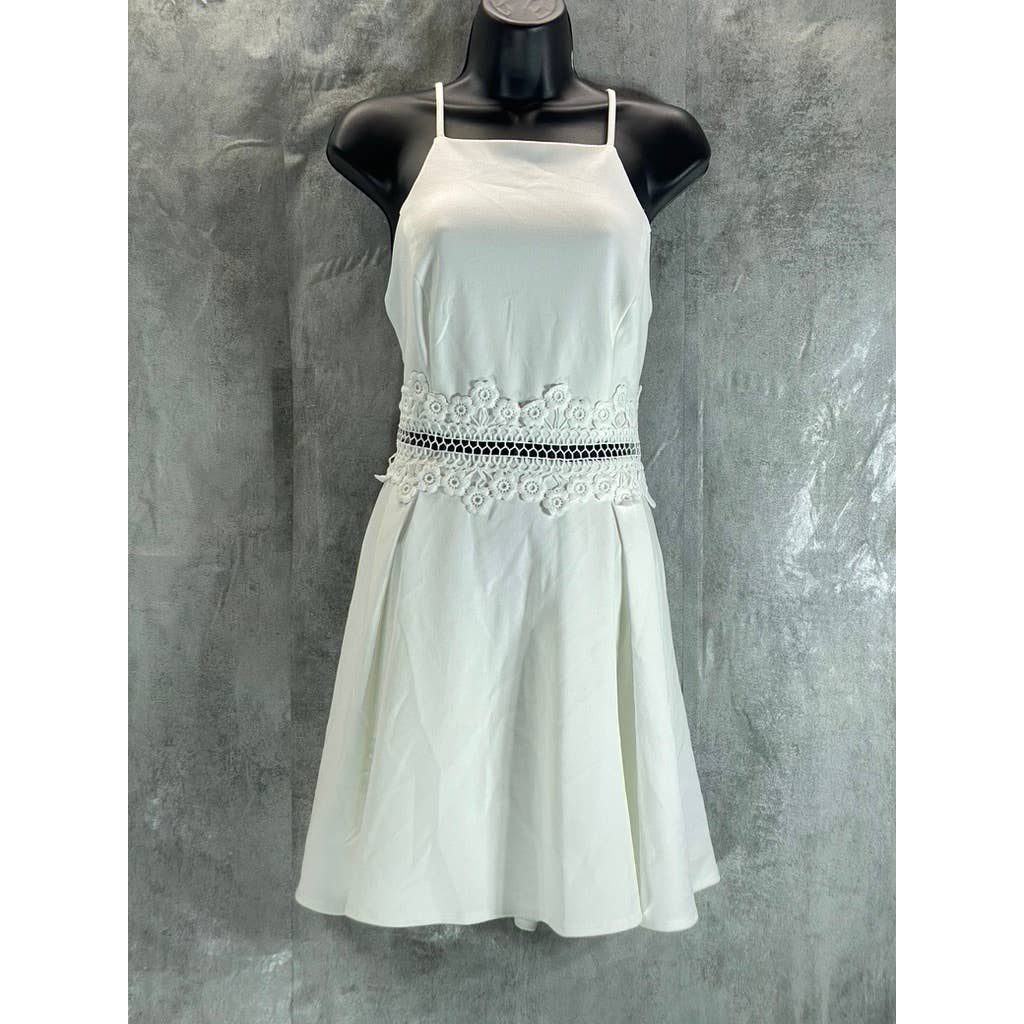 B. DARLIN Juniors' Day White Lace-Trim Waist High-Neck Fit & Flare Dress SZ13/14
