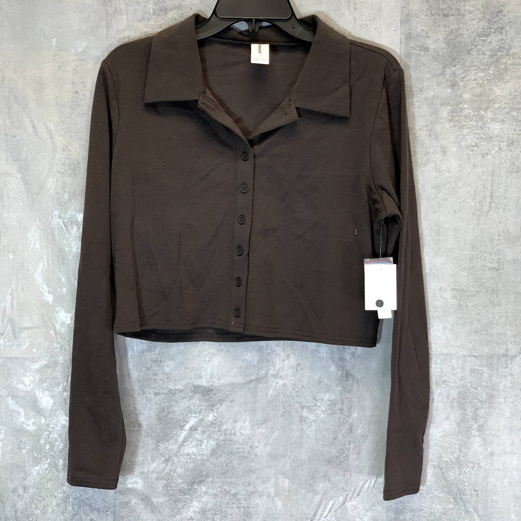 ABOUND Women's Gray Dark Charcoal Heather Button-Front Collared Long Sleeve Crop Top SZ L