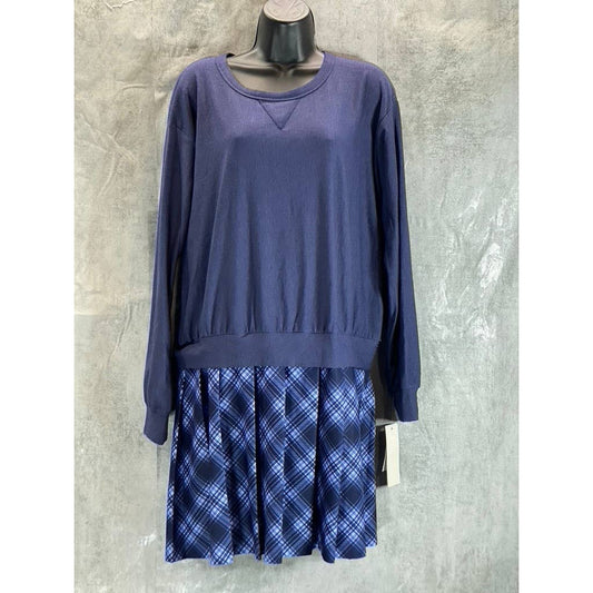 KINGSTON GREY Juniors' Navy Check Pleated Skirt Crewneck Mini Sweater Dress SZXL