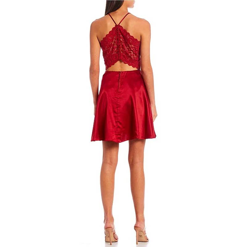 B. DARLIN Juniors' Crimson Red Satin V-Neck Lace-Back Pocketed Mini Dress SZ 1/2