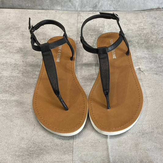 SUN+STONE Women's Black Kristi T-Strap Thong Flat Slip-On Sandals SZ 8.5