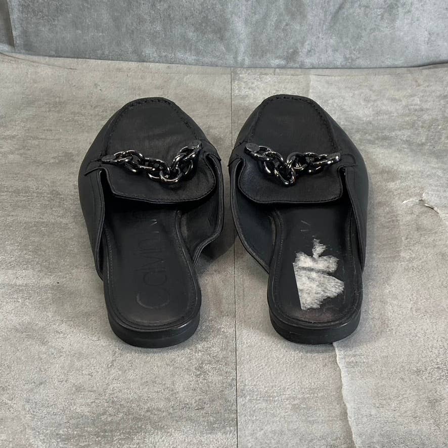 CALVIN KLEIN Women's Black Leather Ella Chain Square-Toe Loafer Mules SZ 6.5