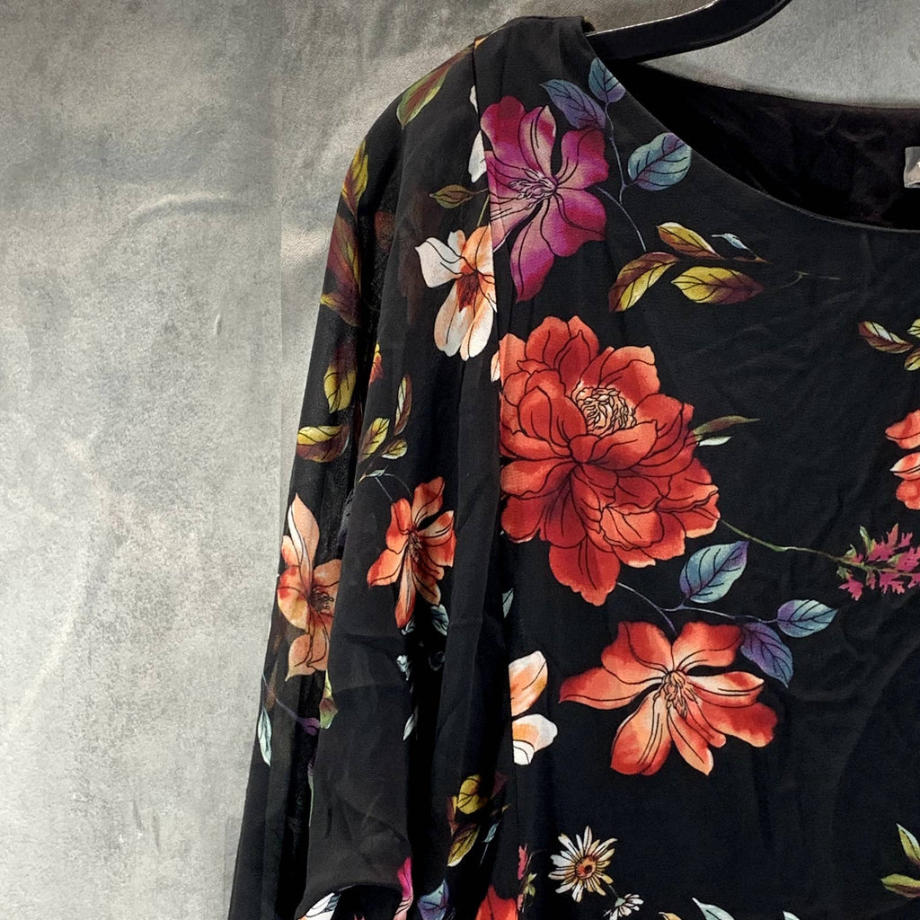 VINC CAMUTO Women's Rich Black Floral-Print Scoop-Neck Long-Sleeve Top SZ XS