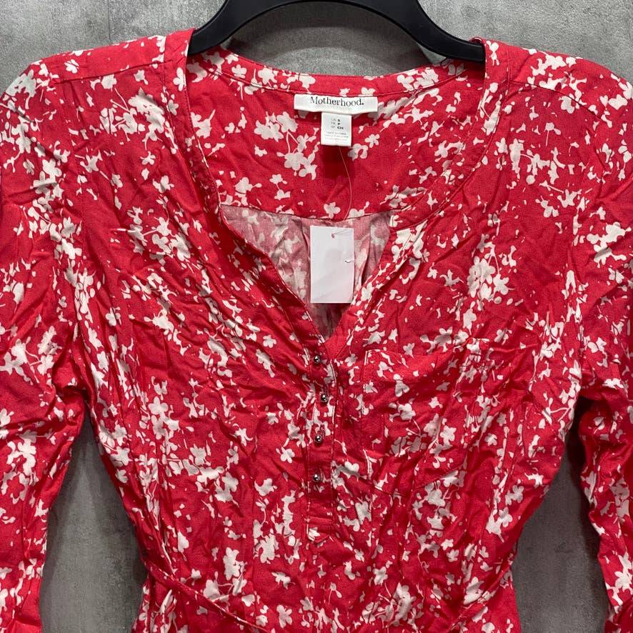 MOTHERHOOD MATERNITY Red Printed Waist Tie Roll Tab 3/4 Sleeve Maternity Top SZ S