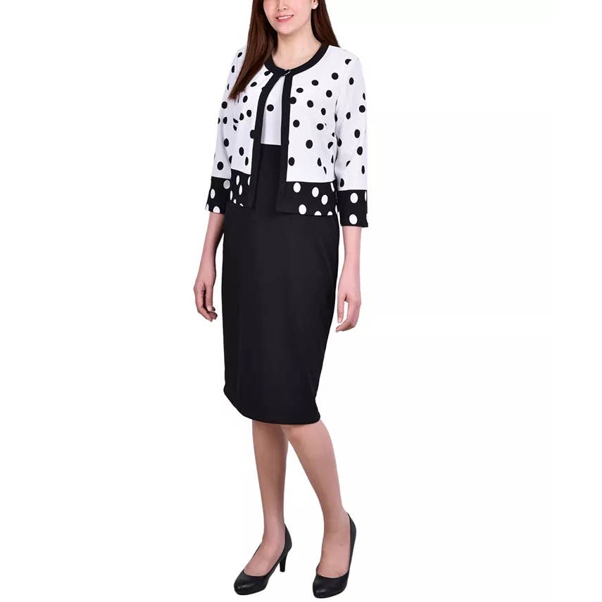 NY COLLECTION Women's Katlyn Polka Dot 2-Piece 3/4 Sleeve Jacket Dress Set SZ 8