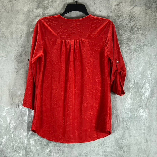 NY COLLECTION Women's Red 3/4 Roll Tab Zip-Front Jacquard Knit Top SZ M