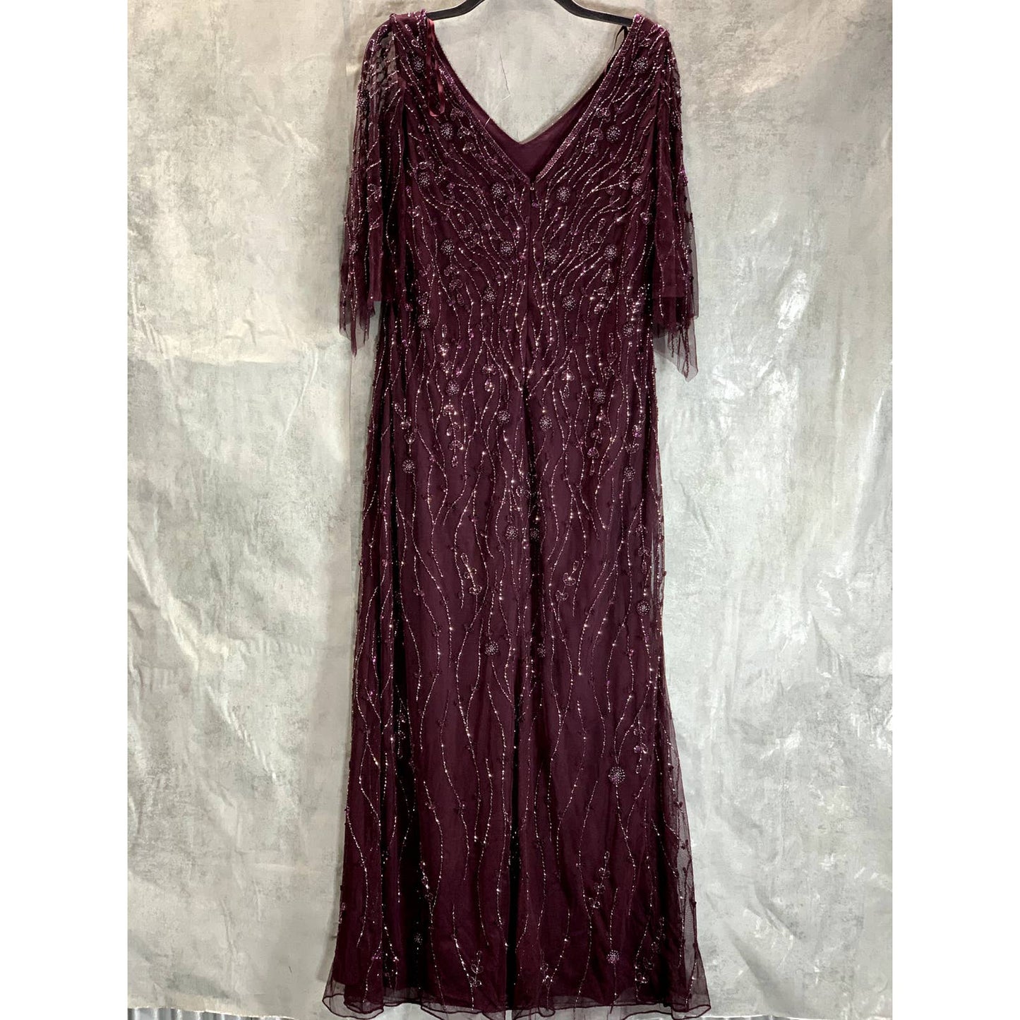 JKARA Women's Wine Beaded Embellished V-Neck Mesh Flutter-Sleeve Gown SZ 12