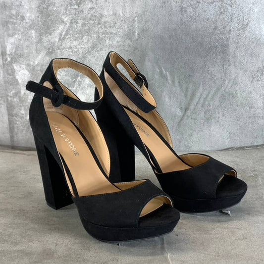 SUN+STONE Women's Black Micro Reeta Block-Heel Ankle Strap Platform Heels SZ 7