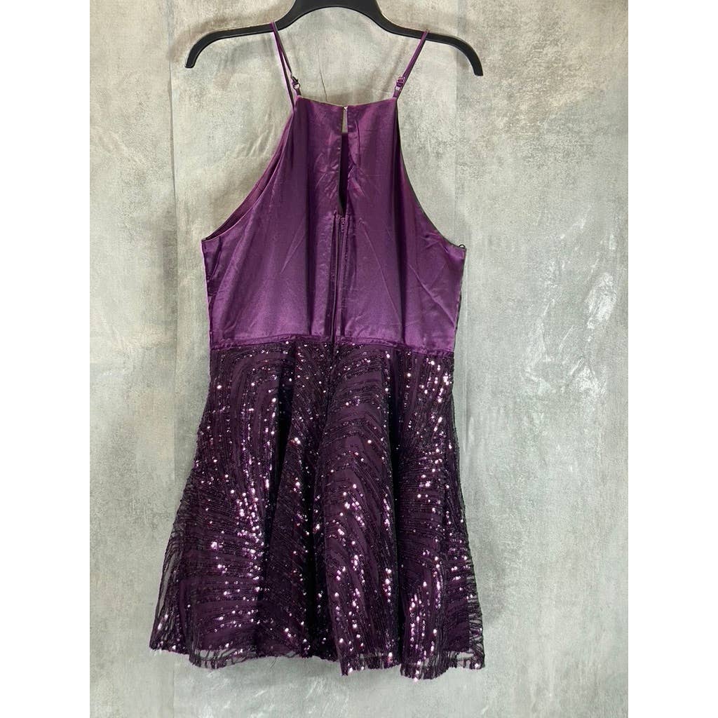 CITY STUDIO Juniors' Purple Satin Sequin-Hem Mini Fit & Flare Dress SZ 11