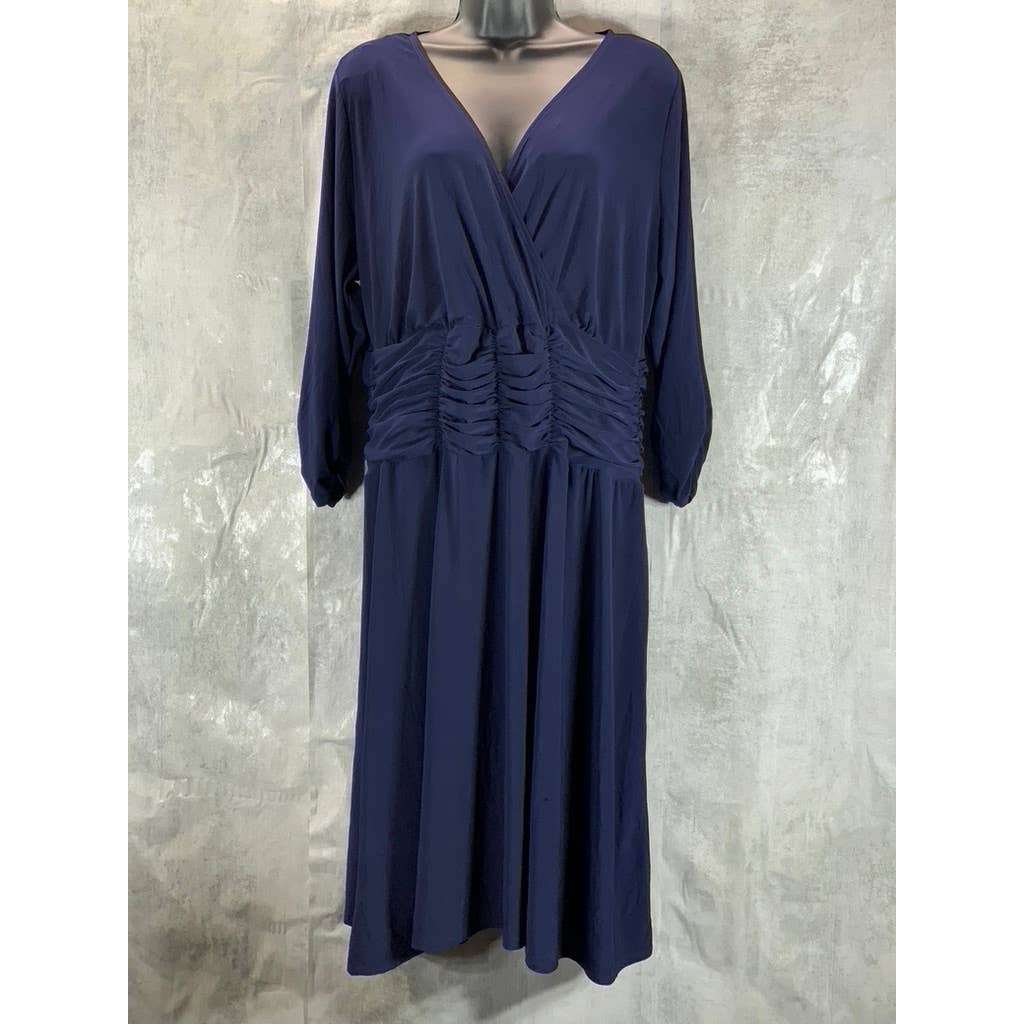 NY COLLECTION Women's Plus Navy Ruched 3/4 Sleeve A-Line Knee-Length Dress SZ1X
