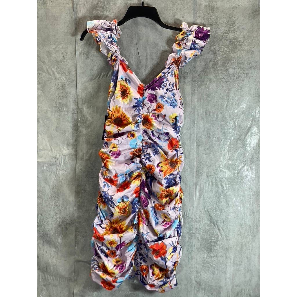 GUESS Women's Lilac Multi Floral V-Neck Ruched Bodycon Mini Sheath Dress SZ 2