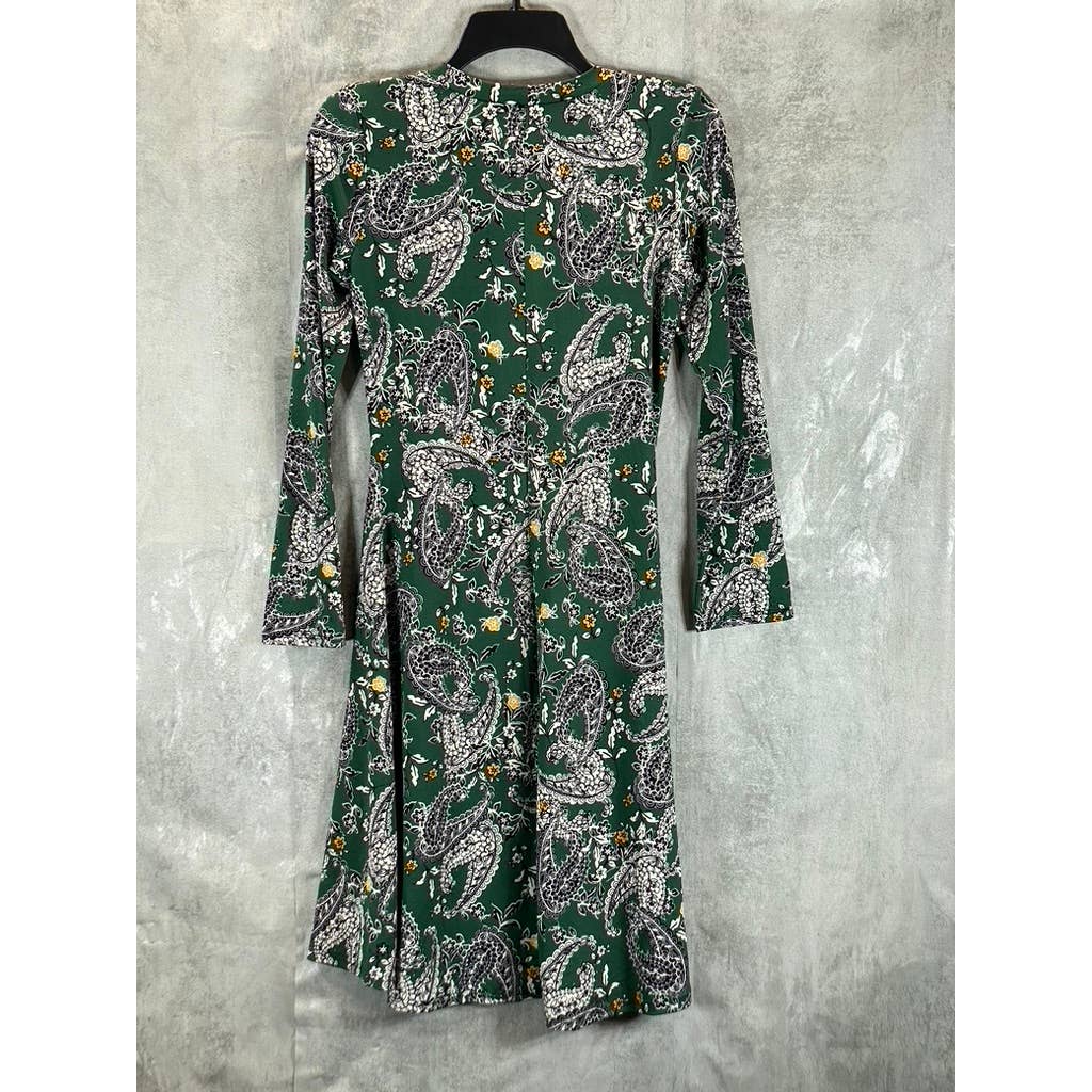 24SEVEN Comfort Apparel Women's Green Paisley-Print Scoop-Neck Long-Sleeve Dress