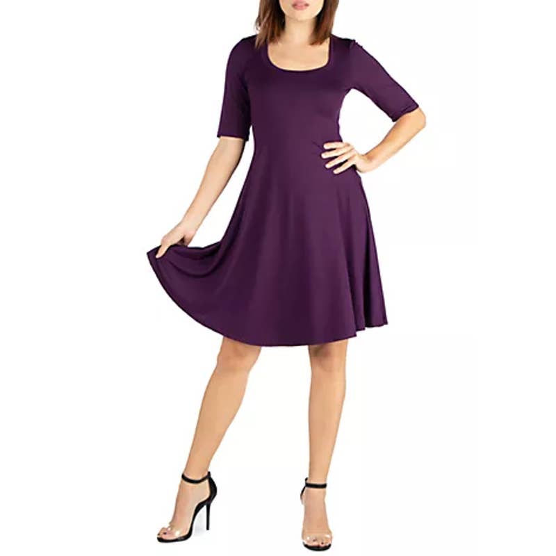 24SEVEN COMFORT APPAREL Women's Purple Scoop-Neck Elbow-Sleeve Knee-Length Dress