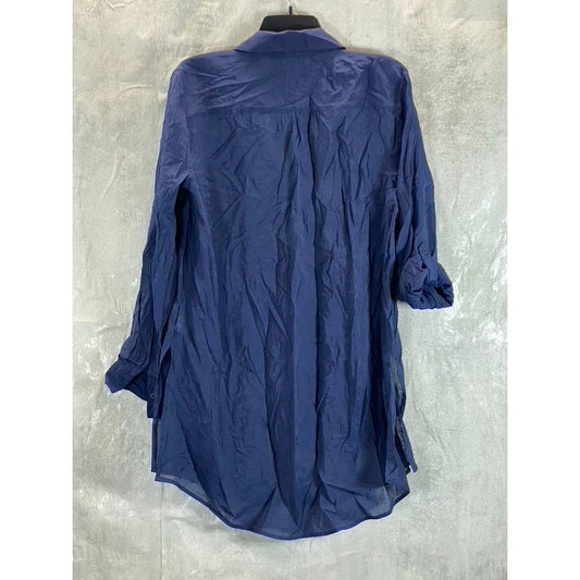 INC INTERNATIONAL CONCEPTS Women's Navy V-Neck Button-Front 3/4 Roll-Tab Sleeve Tunic Top SZ L