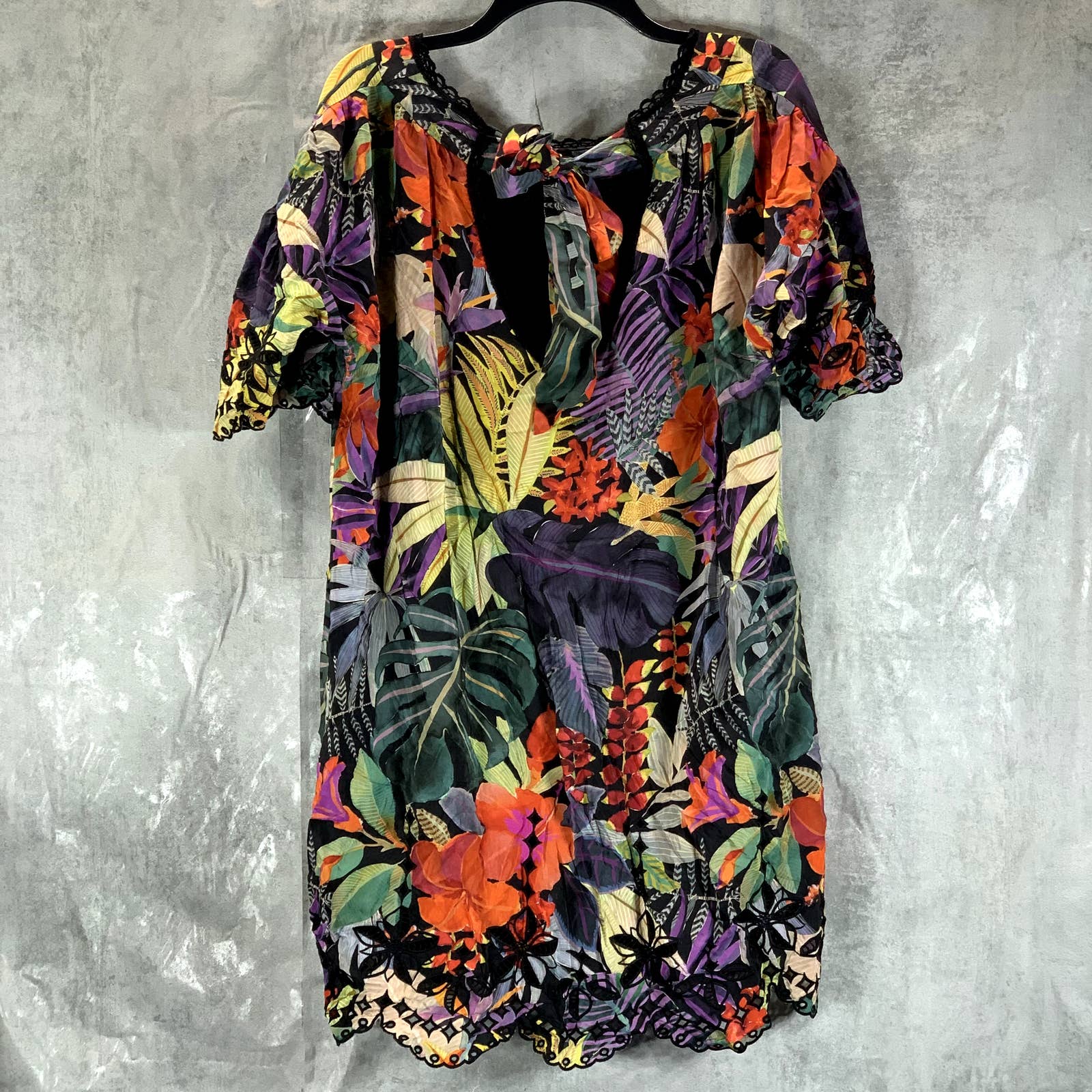 JOHNNY WAS Women's Multi Shari Tropical-Print Silk Square-Neck Mini Dress SZ S