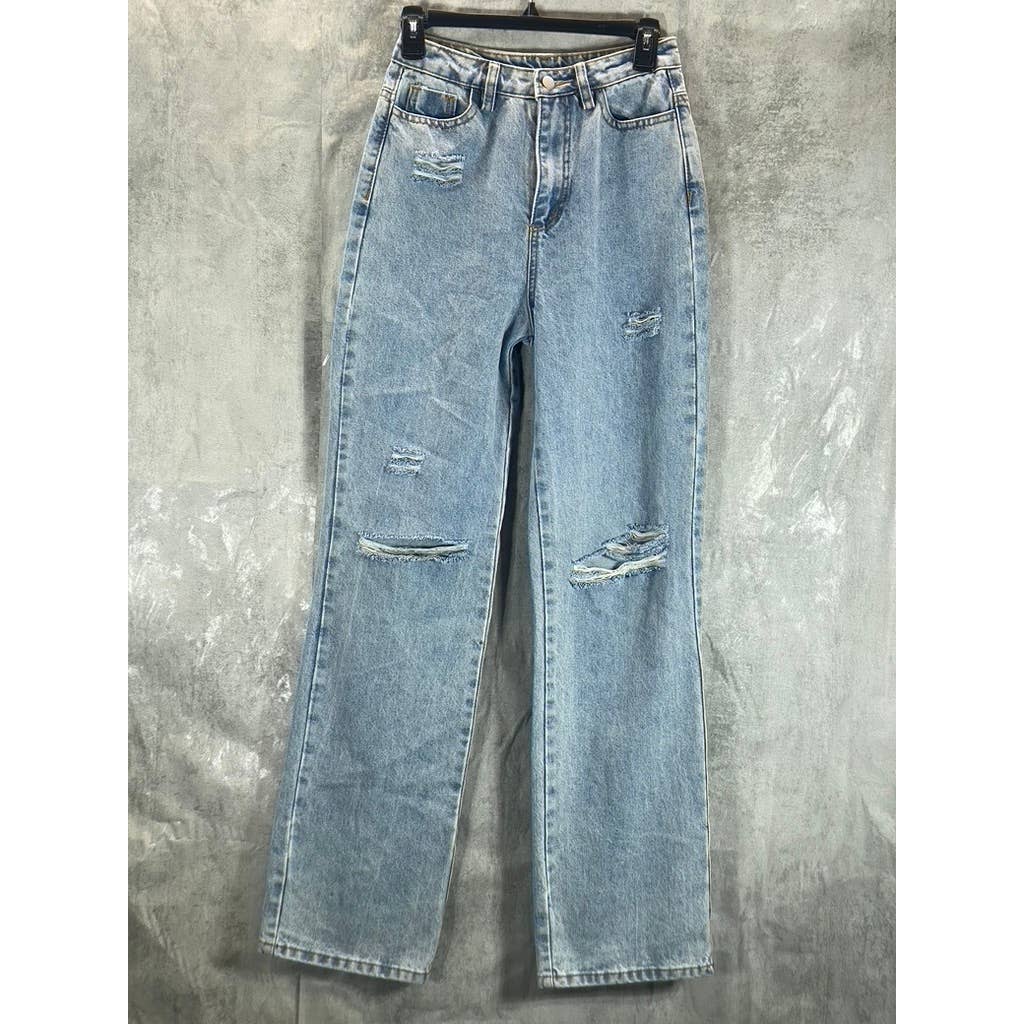 LE LIS COLLECTION Women's Blue Denim Straight-Leg Distressed High-Rise Jeans SZS
