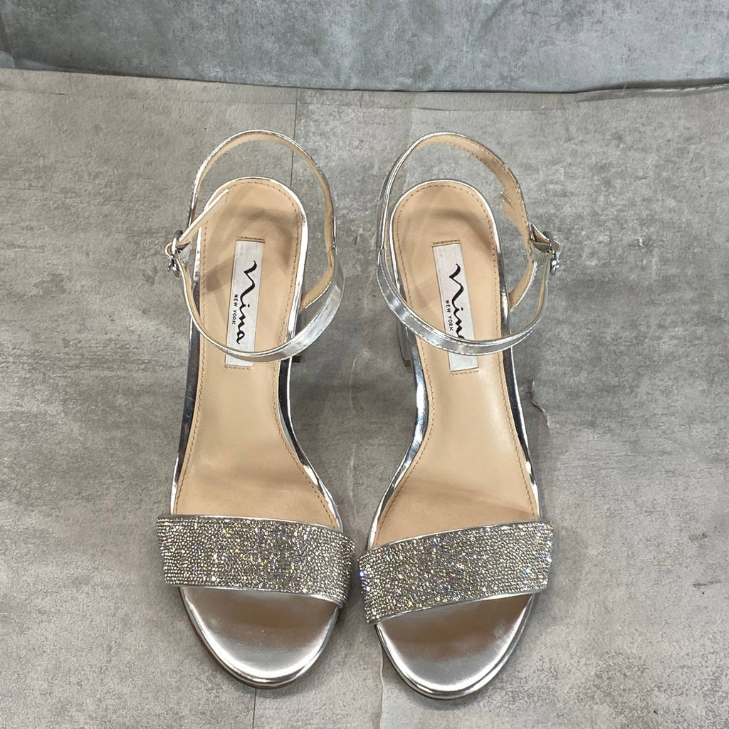 NINA Women's Silver Metallic Haven Block-Heel Ankle-Strap Evening Sandals SZ 7.5