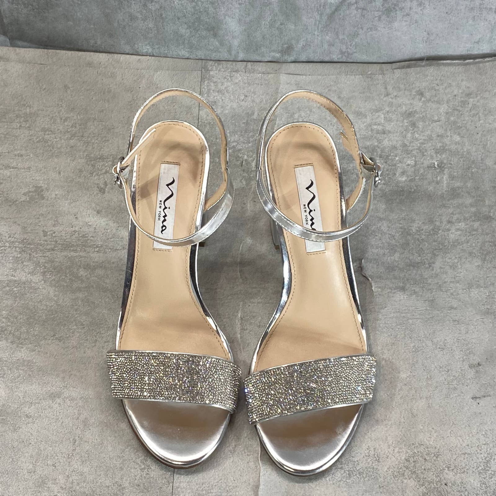 NINA Women's Silver Metallic Haven Block-Heel Ankle-Strap Evening Sandals SZ 7.5