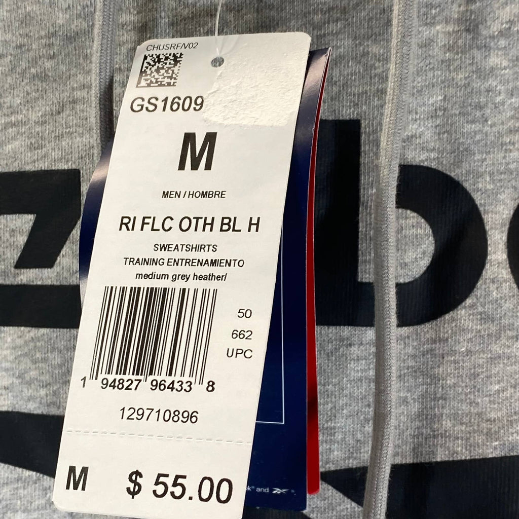 REEBOK Men's Medium Grey Heather Identity Fleece Stacked Logo Hoodie SZ M