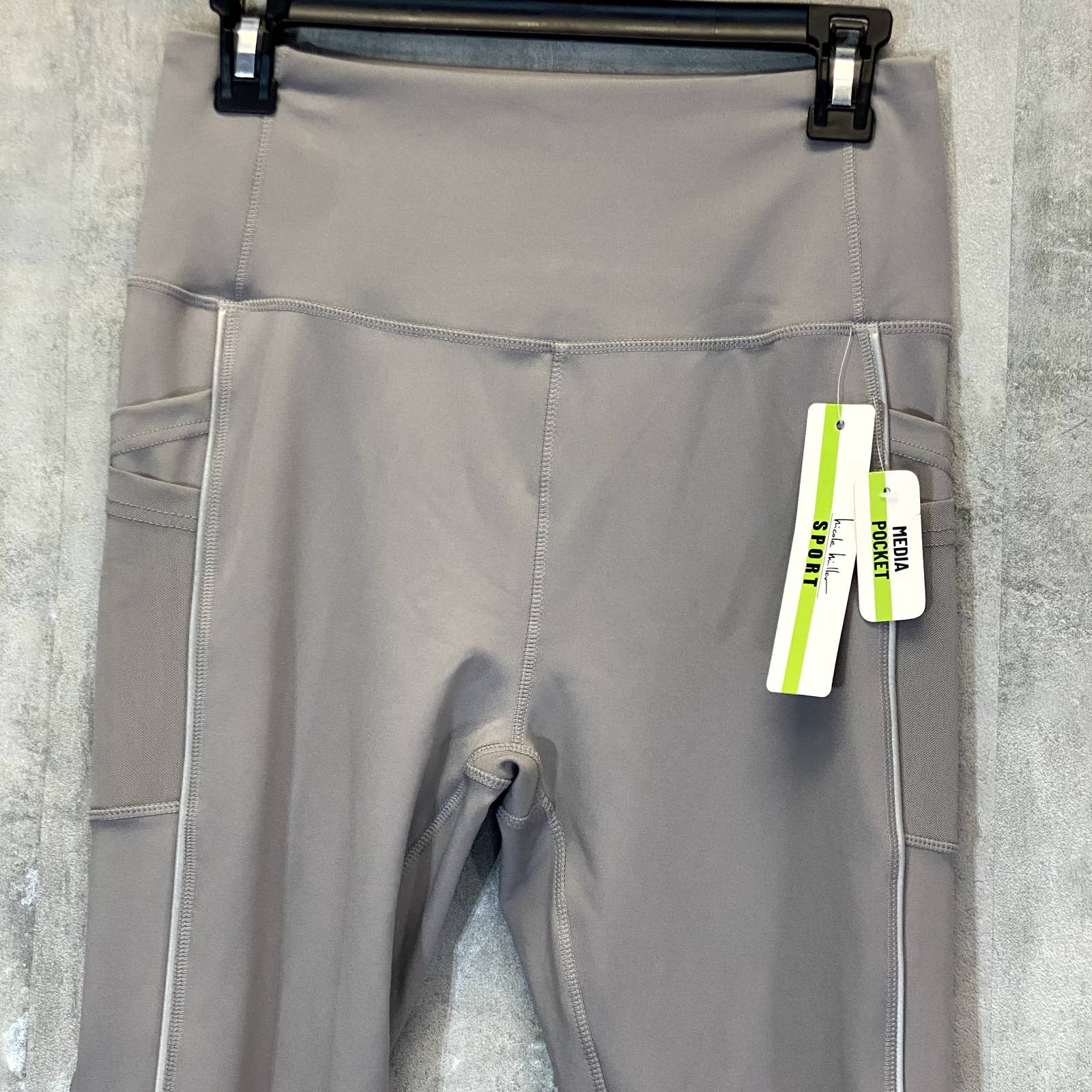 NICOLE MILLER Women's Grey High-Rise Contrast Stripe Mesh Leg Pull-On Crop Leggings SZ L