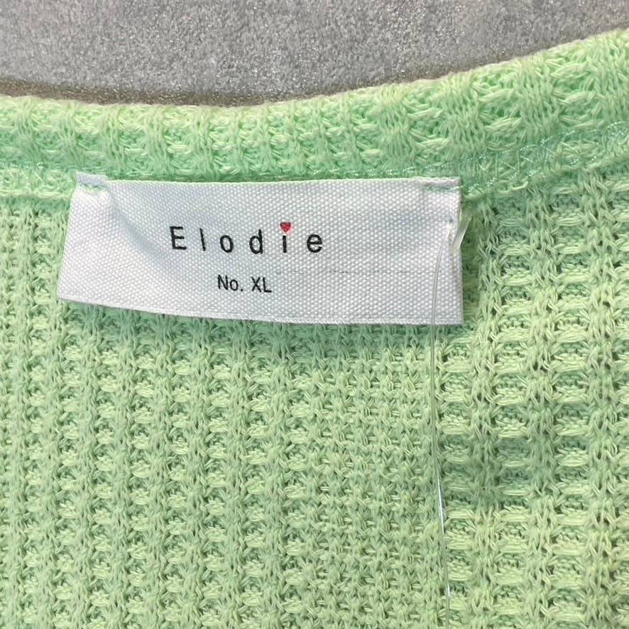 ELODIE Women's Neon Green Waffle Knit Short Sleeve Scoop Neck Button-Up Crop Top SZ XL