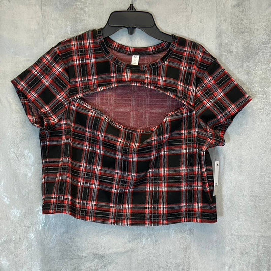 BP. Women's Black-Red Aurora Plaid Crewneck Cutout Short Sleeve Top SZ XL