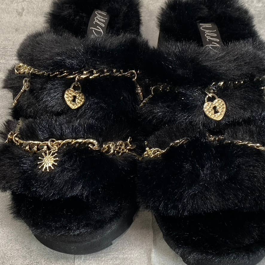 WILD PAIR Women's Black Paiyge Chain Faux-Fur Slide Slip-On Slippers SZ 6