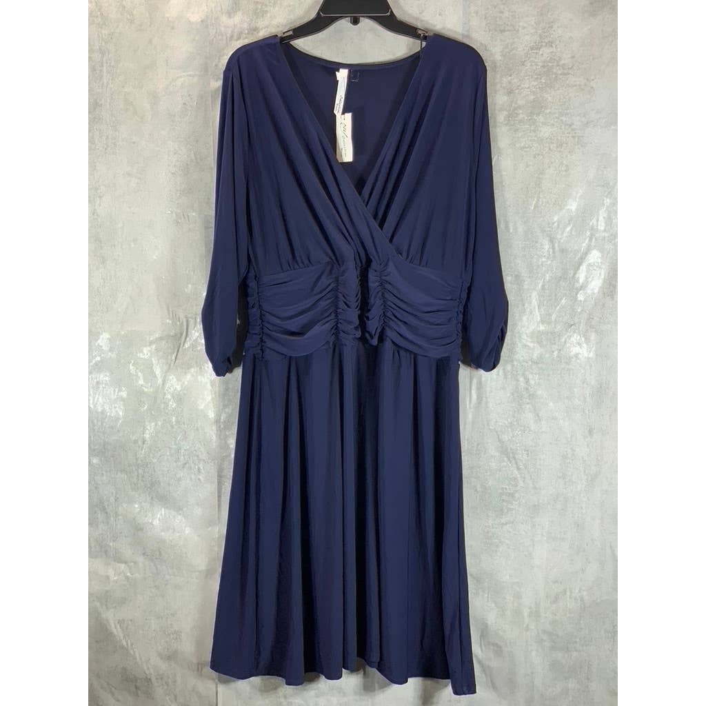 NY COLLECTION Women's Plus Navy Ruched 3/4 Sleeve A-Line Knee-Length Dress SZ1X