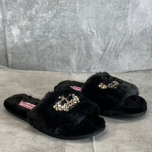 JUICY COUTURE Women's Black Faux-Fur Gwenno Crown Memory Foam Slide Slippers SZ7