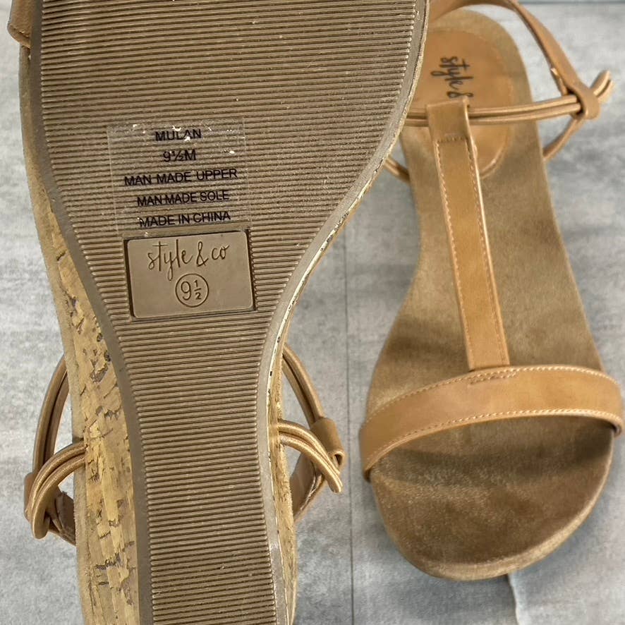 STYLE & Co Women’s Medium Tan Mulan T-Strap Slingback Wedge Sandals SZ 9.5