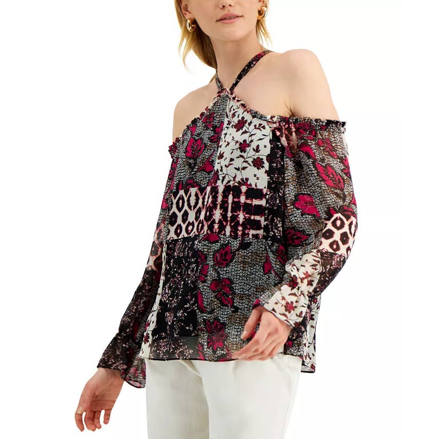 INC INTERNATIONAL Women's Nomad Mix Patchwork Print Cold-Shoulder Top SZ XL