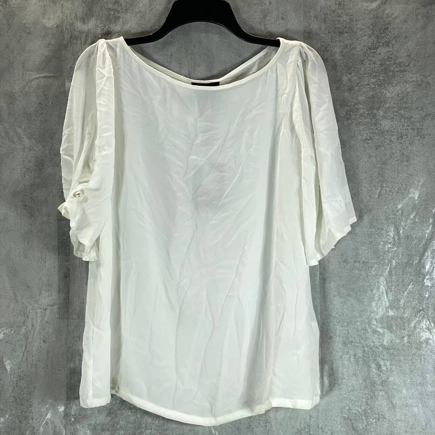 DKNY Women's Linen White Crewneck Imitation-Pear-Trim Elbow-Sleeve Top SZ M