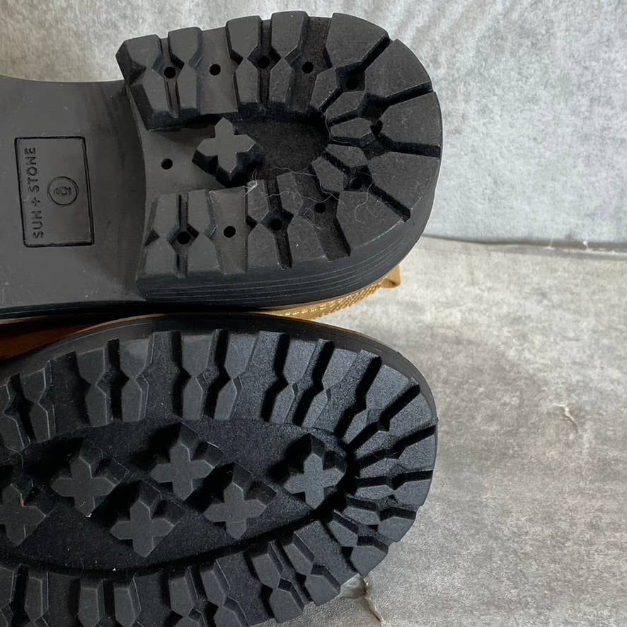 SUN+STONE Women's Tan Micro Kandy Round-Toe Lug-Sole Block-Heel Ankle Boots SZ 6