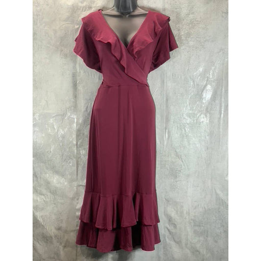 NY COLLECTION Women's Deep Burgundy Ruffle Faux-Wrap Flutter Sleeve Midi Dress L