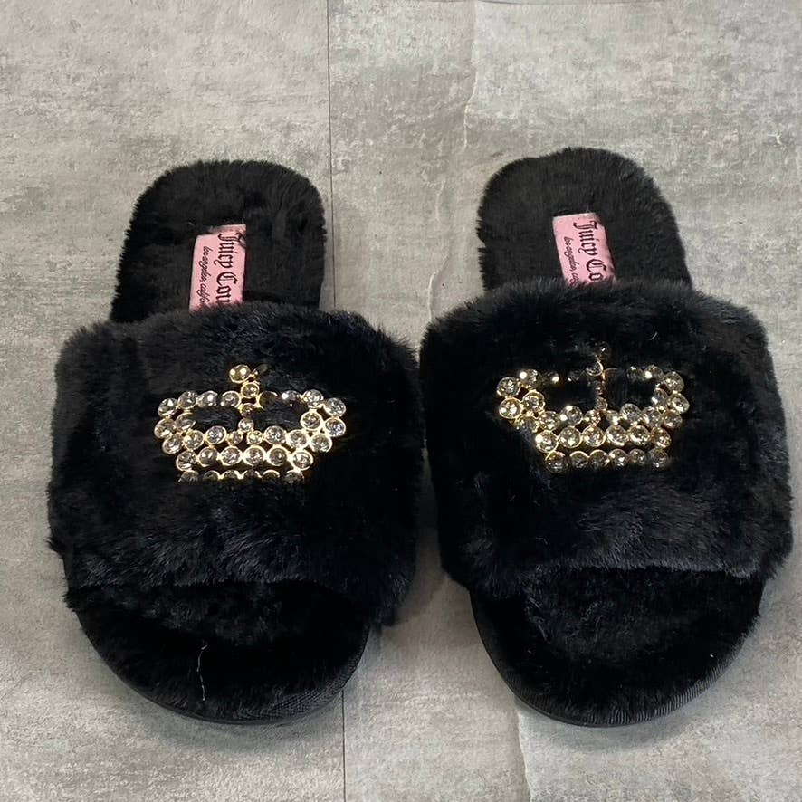 JUICY COUTURE Women's Black Faux-Fur Gwenno Crown Memory Foam Slide Slippers SZ7
