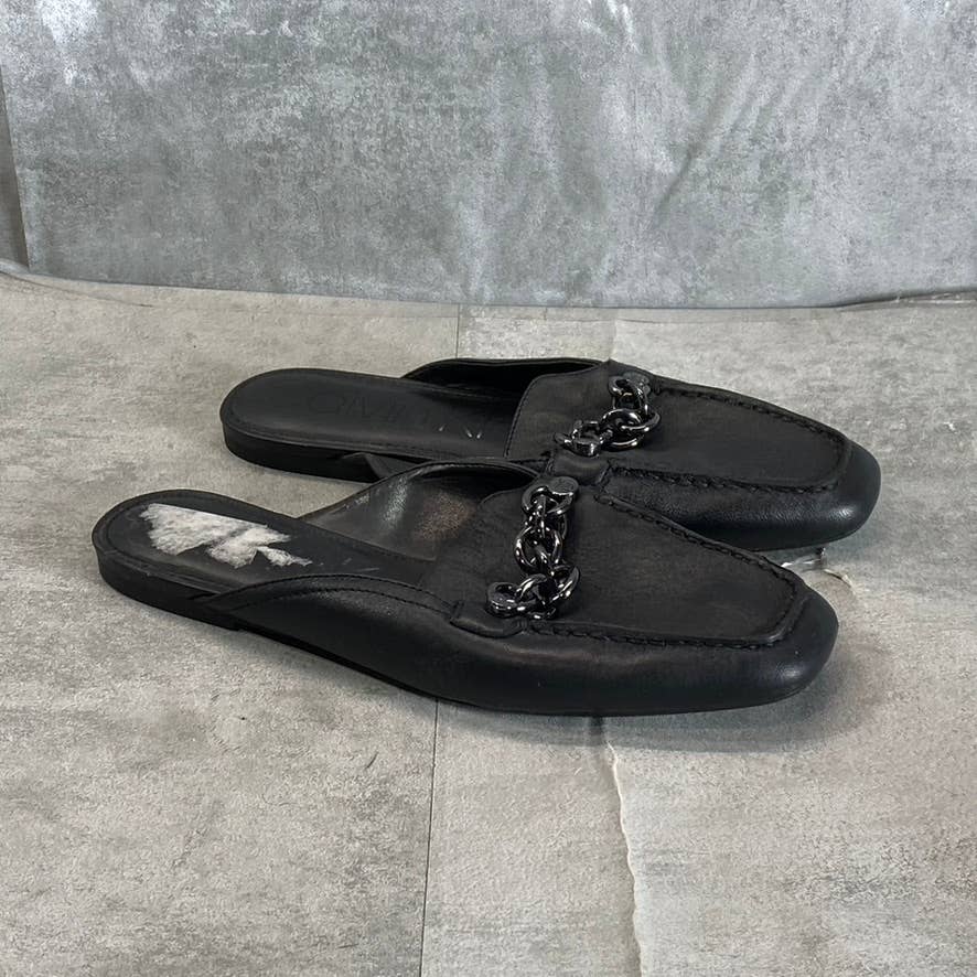 CALVIN KLEIN Women's Black Leather Ella Chain Square-Toe Loafer Mules SZ 6.5