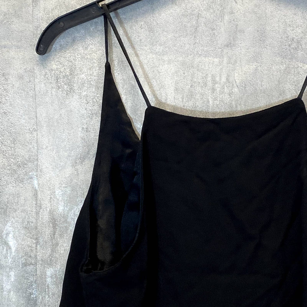 H HALSTON Women's Solid Black V-Neck Lined Spaghetti Strap Camisole Top SZ M