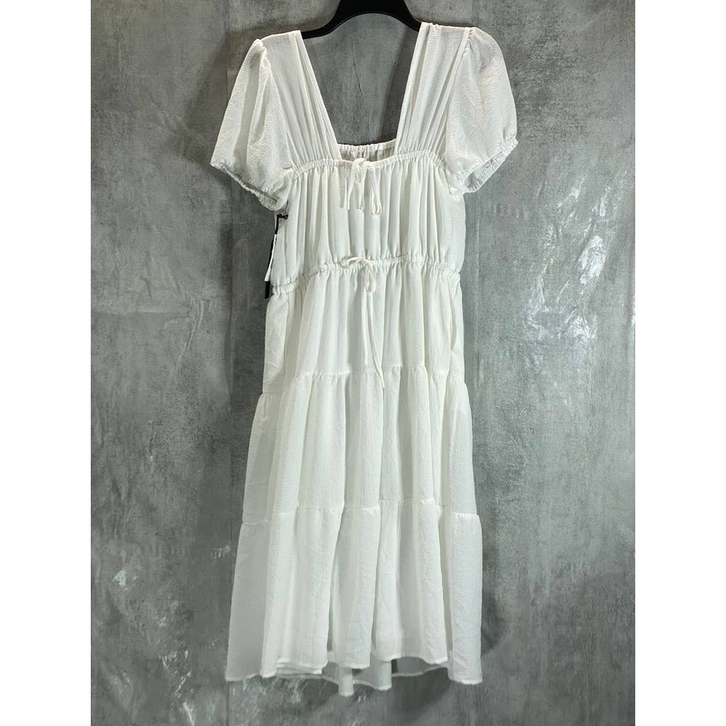 BLACK TAPE Women's White Puff-Sleeve Square Neck Tiered Midi Dress SZ S