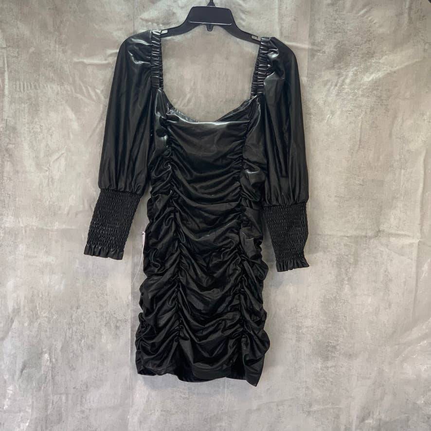 TOPSHOP Black Faux Leather 3/4 Sleeve Ruched Mini Dress SZ 10