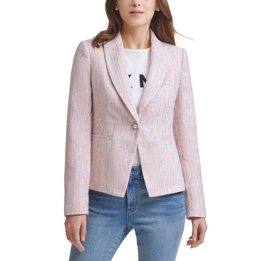 DKNY Women's Lipstick Multi Tweed Notch-Collar Faux Pearl One-Button Blazer SZ 6