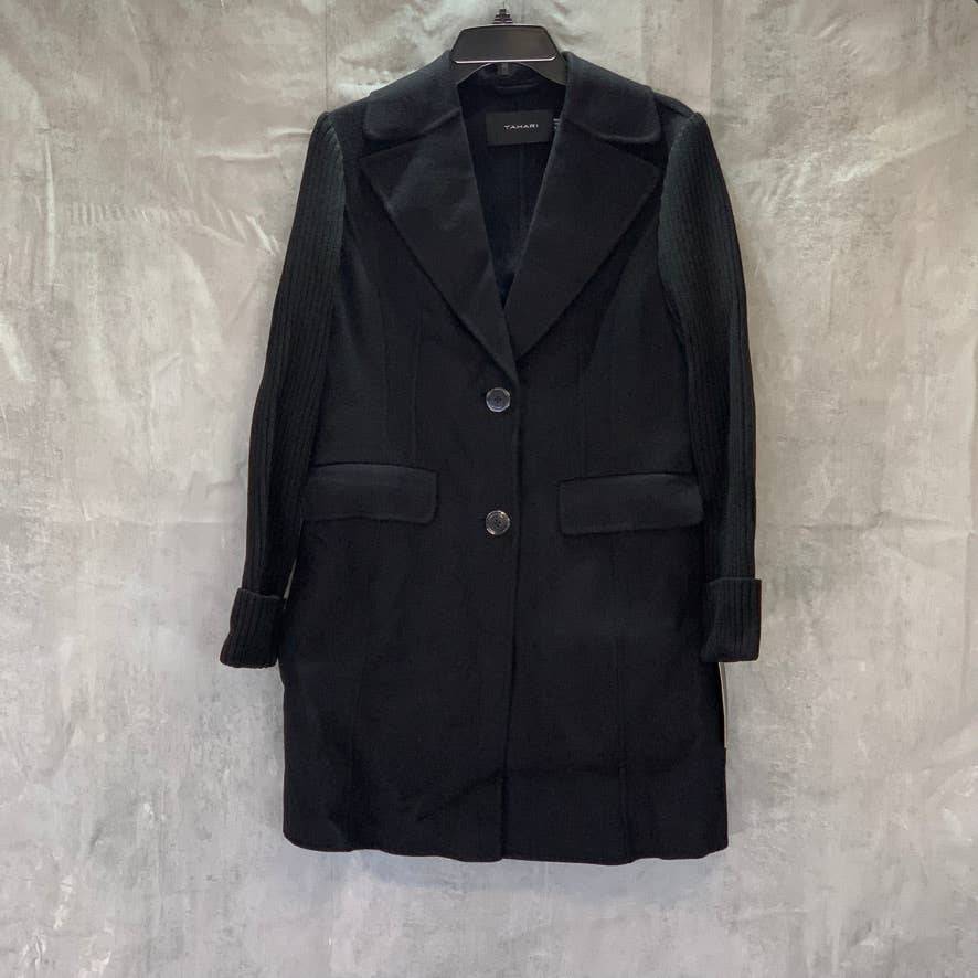TAHARI Black Wool Blend Anna Ribbed Sleeve Notch Collar Coat SZ S