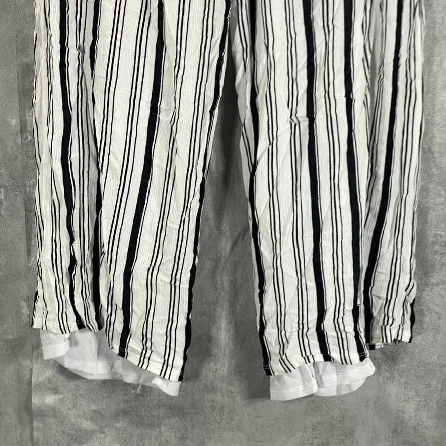 INC Women's Black/White Striped Crinkle Wide-Leg Drawstring Pants SZ M